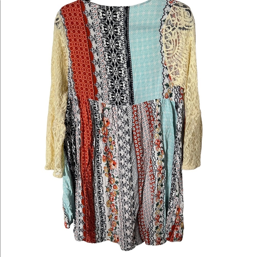 Kori Bohemian patch tunic shirt with lace sleeves size Small - Picture 2 of 4